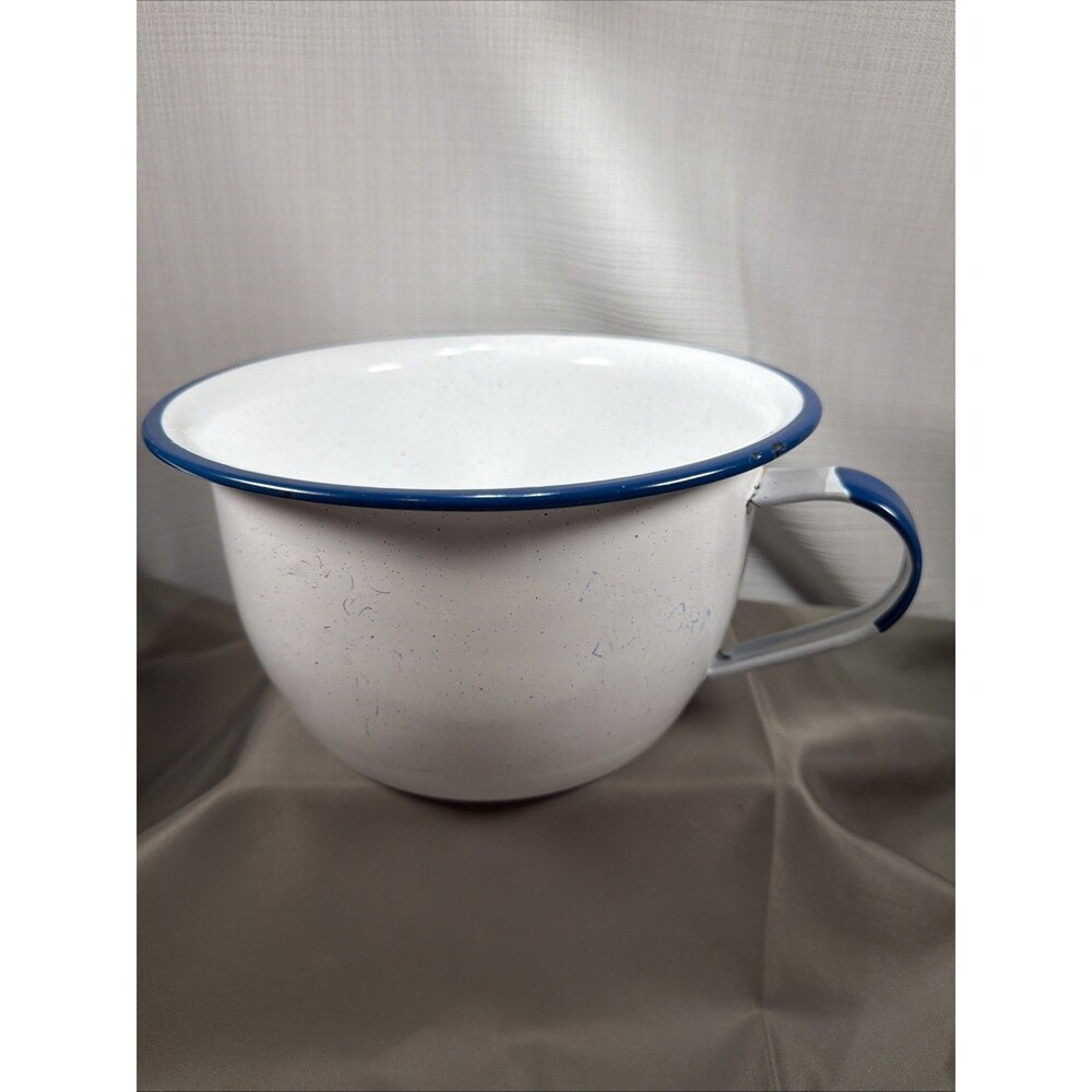 Vintage Enamelware Popcorn Bowl White Cobalt Blue Trim Speckled Pot 8.75” Large